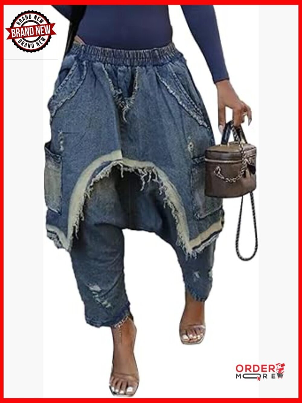 Wide Leg Harem Jeans with Patchwork, Elastic Waist, Cropped Denim Pants